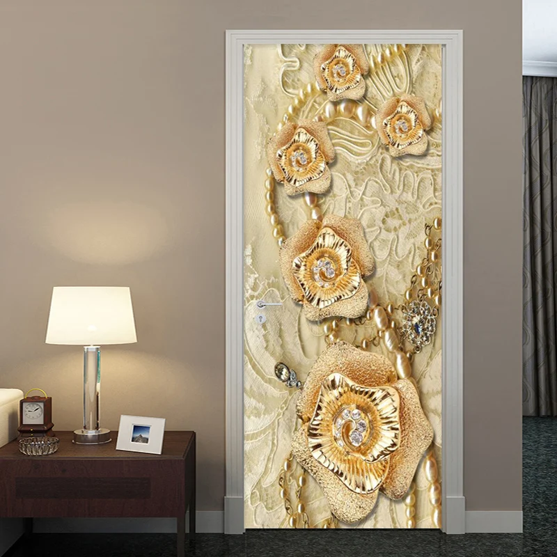 

Door Sticker European Style 3D Stereo Golden Yellow Flowers Luxury Home Decor Wallpaper Living Room PVC Self-Adhesive 3D Sticker