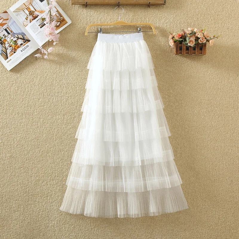 winter new high waist A-line pleated cake skirt yarn all kinds of mesh medium length long woman | Женская одежда