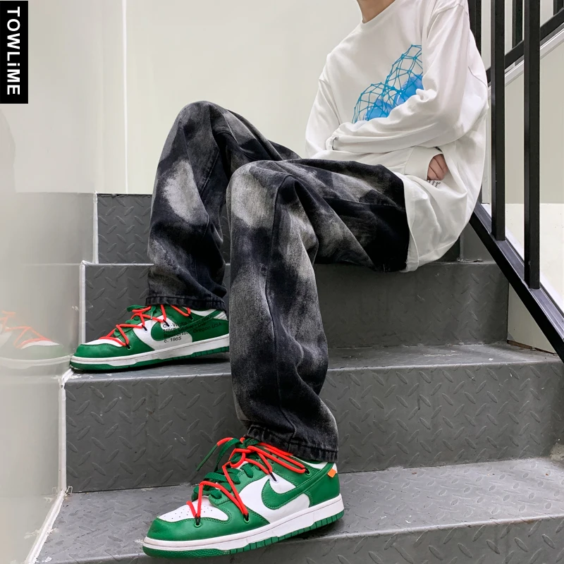 

2021 New Chic Men Tie-Dyed Baggy Straight Jeans Japan Style Retro Streetwear Homme Cargo Jean Pants Hip Hop Couple Causal Pants