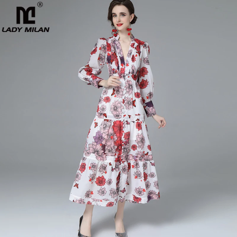 

Женское модельное платье с V-образным вырезом, элегантные модные платья средней длины с длинным рукавом и цветочным принтом, платья