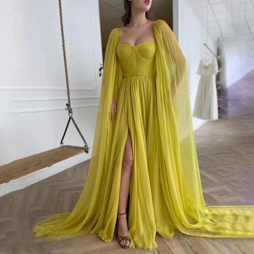 

Vinca Sunny Elegant Citrine Yellow Silk Chiffon Prom Dresses With Long Cape A Line Sweetheart Pleats Side Slit Evening Gowns