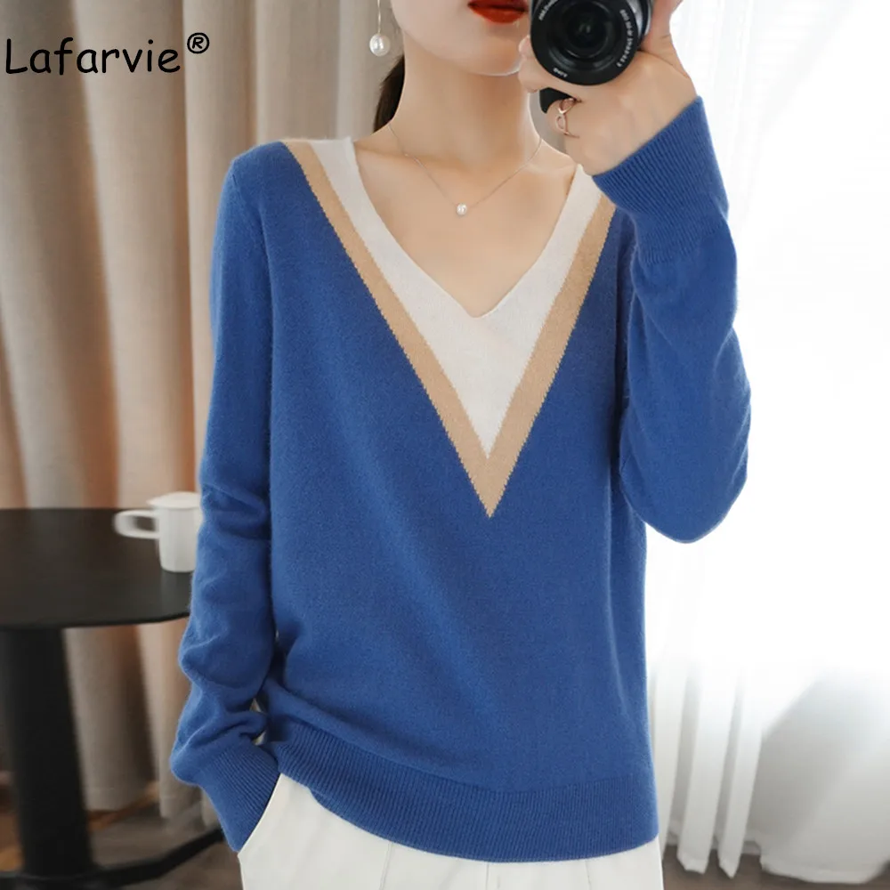 

Lafarvie Knitted V Neck Sweater Woman Winter Wool Pullover Female Tops Loose Casual Plus Size Blue Pull Jumper Split Pattern
