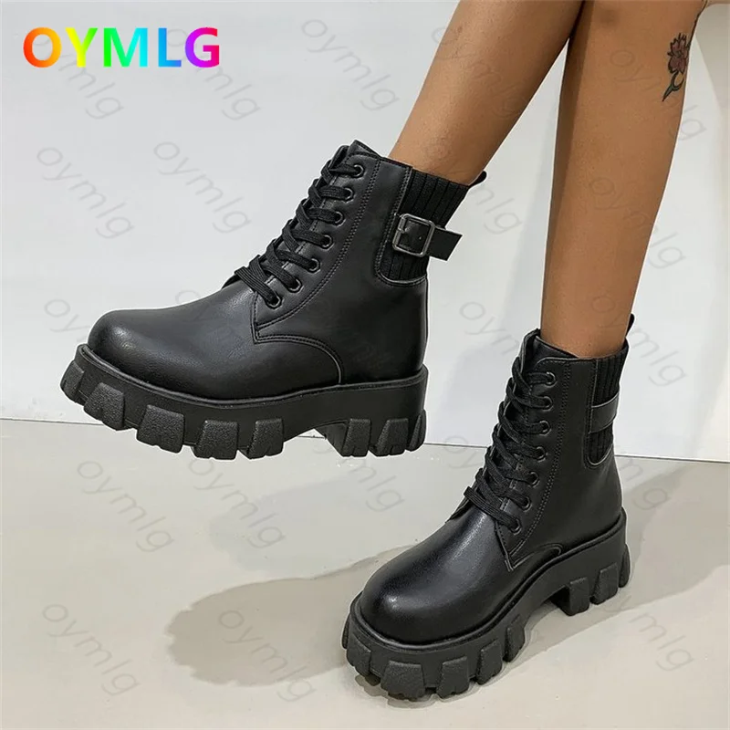 

2021 Autumn winter short boots women new belt buckle women leather boots thick-soled lace-up Martin boots women short boots