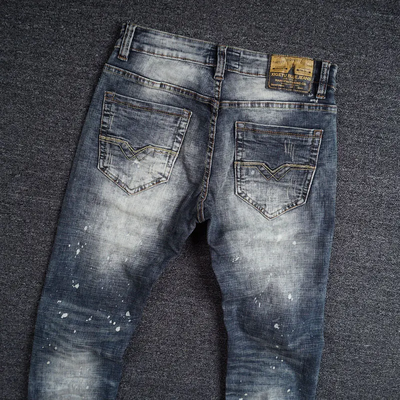 European American Vintage Fashion Men Jeans Retro Gray Blue Slim Fit Ripped Jeans Men Painted Designer Elastic Denim Punk Pants