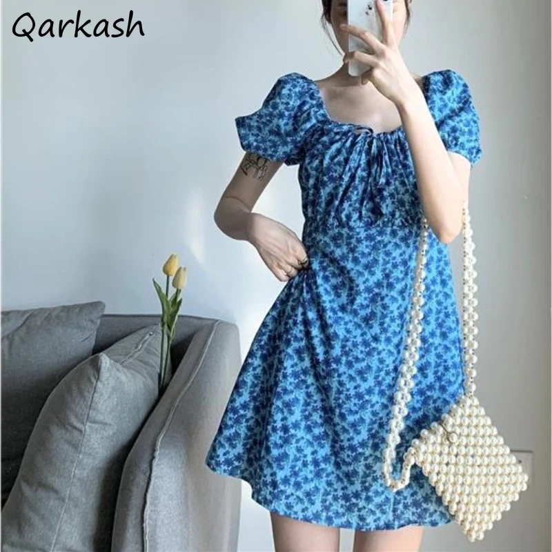

Mini Floral Dress Women Summer Ulzzang Sweet Square Collar Students Fashion Vestidos Girls Leisure Holiday Romantic Retro Ins