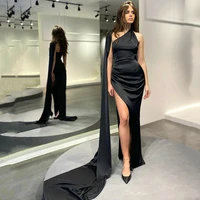 sexy black mermaid satin evening dresses 2022 one shoulder high side slit women prom dress backless custom made formal
