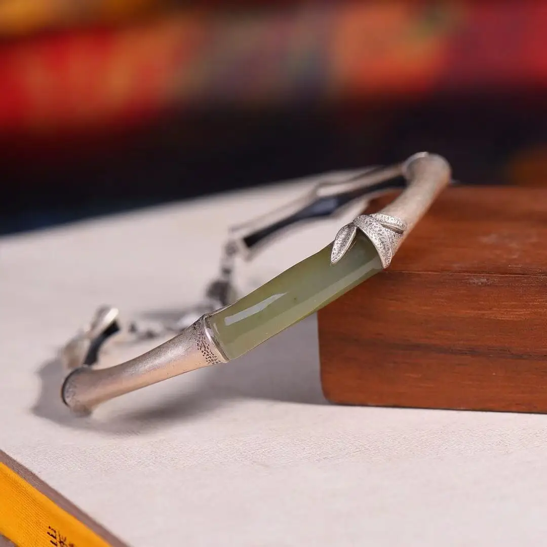 

Натуральное серебро 925 пробы, инкрустированное Hetian Jade Браслет из бамбука