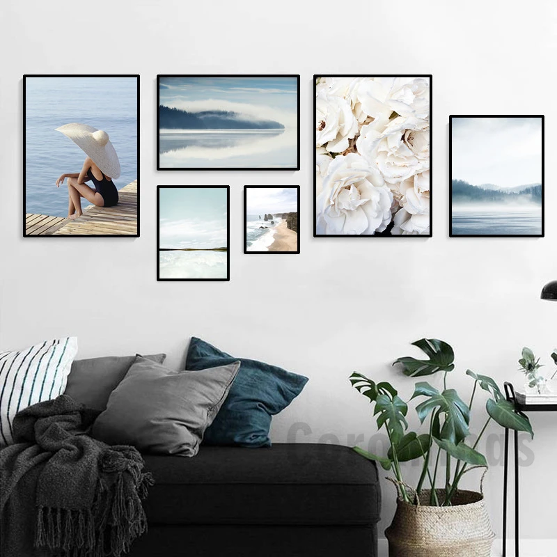 Холщовый постер с океаническим ландшафтом в скандинавском стиле модная девушка