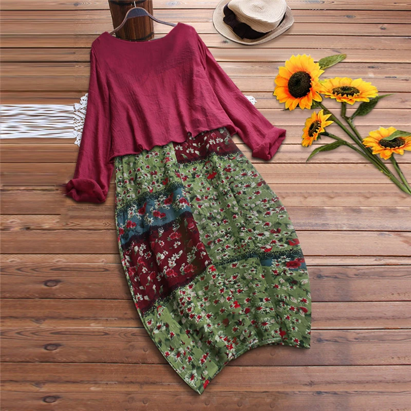 Осеннее женское длинное льняное платье большого размера из двух частей с круглым