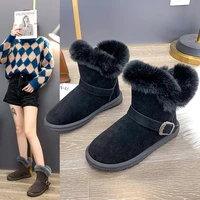 women snow boots solid color round and velvet thick soled soft soled short boots mid top flat heel warm and non slip women shoes
