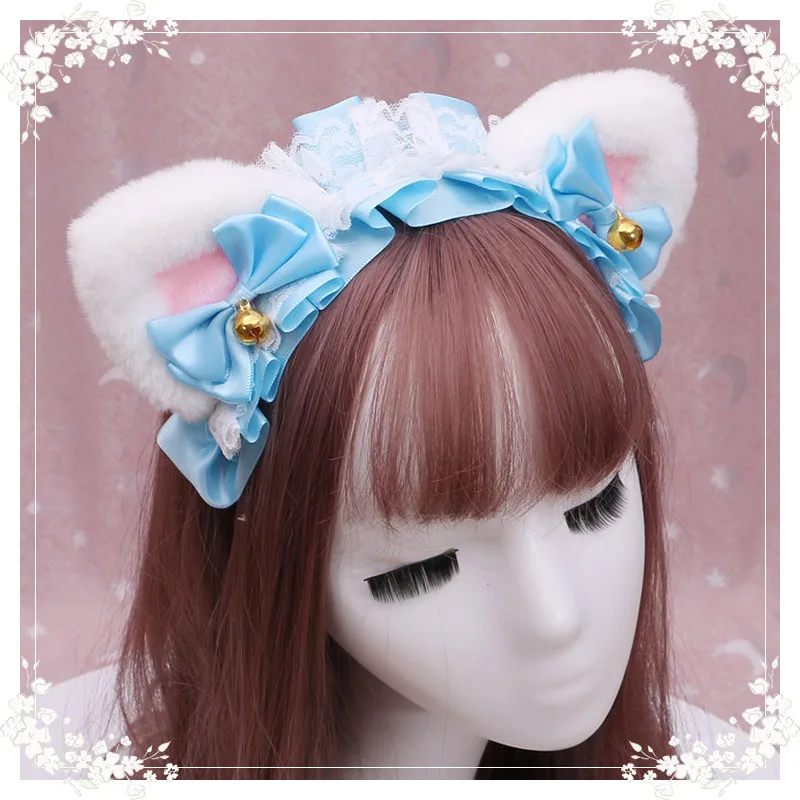 

Beautiful Women Girl Lolita Cosplay Headband Plush Lace Cat Ears Hairband Anime Party Costume Bow Tie Bell Halloween Accessories