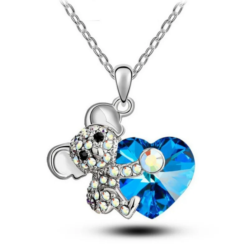 

60pcs/ lote Austrian crystal rhinestone koala heart-hugging bear fashion Women necklace pendant silver chain Wholesale lots