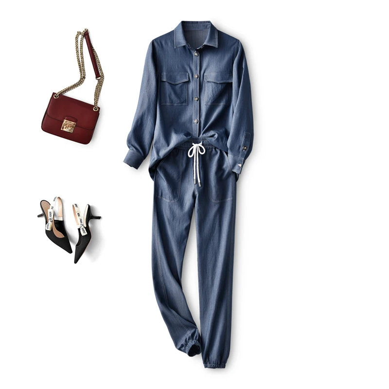 

SHUCHAN 2021 FASHION 2 Piece Set Safari Style Denim Shirt+pants Single Breasted Turn-down Collar Elastic Waist Suit Women