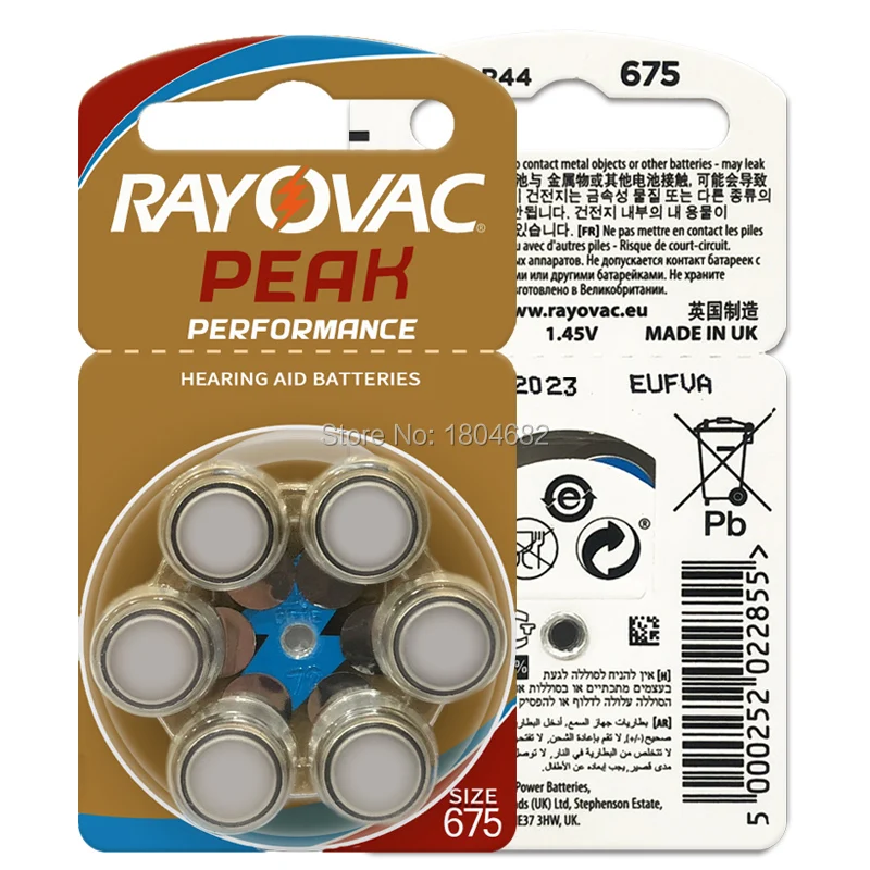 60 x RAYOVAC пиковый слуховой аппарат батареи 675A цинк воздуха 675/A675/PR44 батарея|zinc air|rayovac