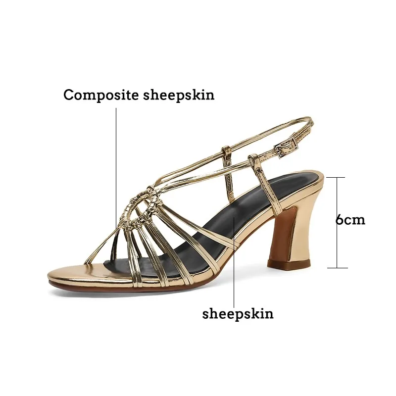 

Gladiator Sandals Women's Summer Party Shoes Composite Sheepskin Leather Sexy Open Toe Strappy High Heels Female Shoes Gold New