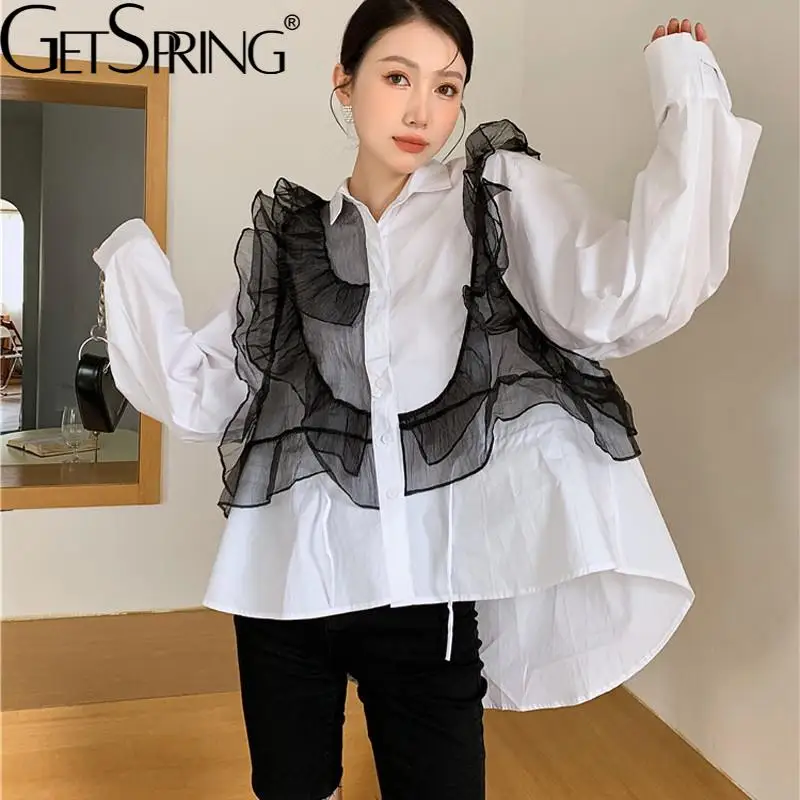 

GetSpring Women Blouse Mesh Stitching Irregular Ladies Shirt Asymmetrical Hem Loose Casual Long Female Tops 2021 Autumn Fashion
