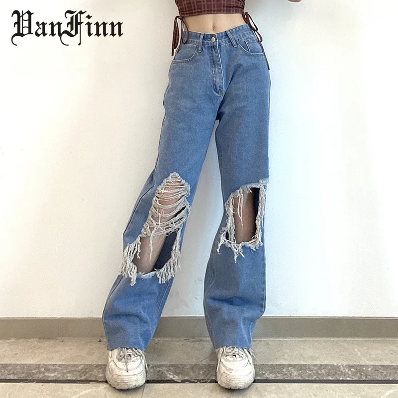 

Women Ripped jeans Fashion Loose Girl Trousers Personality Pull Holes Beggar Pants High Waist Drape Straight Pants for Women