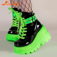 luxury brand new female platform green ankle boots fashion zip lace up high heels womens boots party goth wedges shoes woman