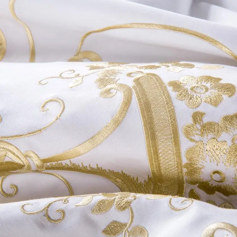 

Queen Super King size Bedding set White Egyptian Cotton Gold Embroidery Duvet cover Bed sheet Fitted sheet parrure de lit ropa