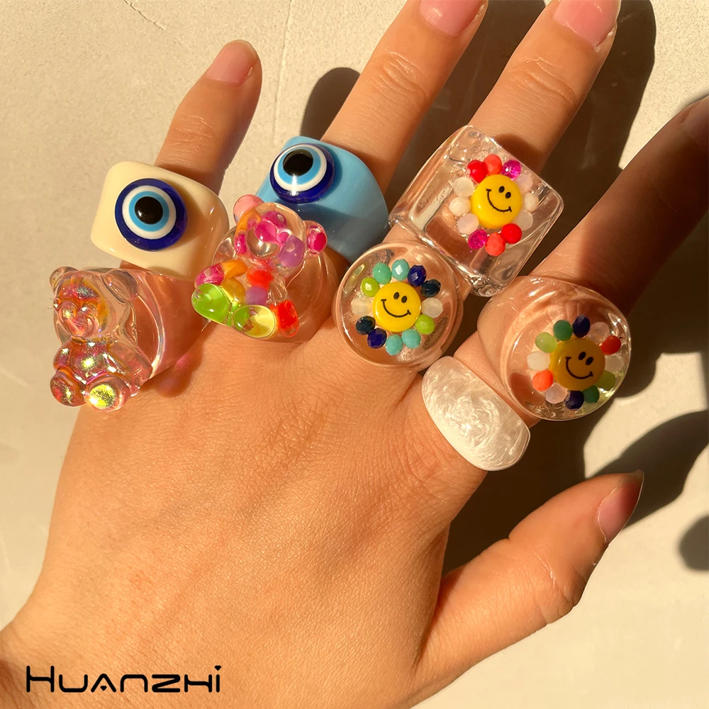 Новые корейские красочные прозрачные кольца из смолы с подсолнухом смайликом
