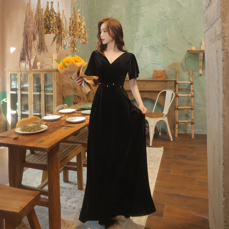 Женское вечернее платье до пола черное Плиссированное Платье с V-образным