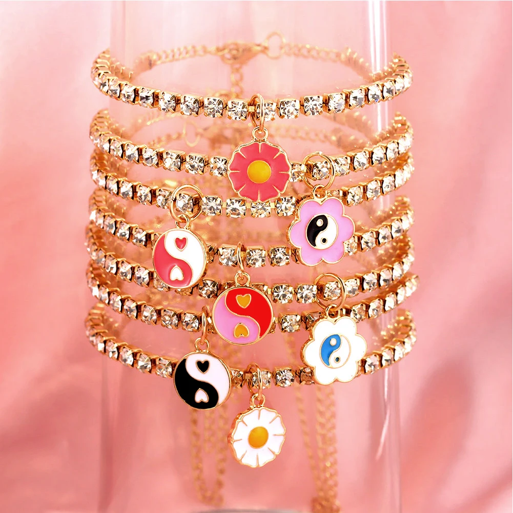 

Bohemia Glazed Tai Chi Flower Coin Pendants Anklet For Women Enamel Daisy Crystal Rhinestone Tennis Ankle Chain Barefoot Jewelry