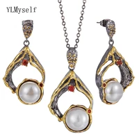 2 tone 2pcs sets necklace earrings pearl irregular hollow design pendant female vintage jewelry best gift for wife
