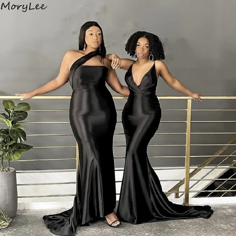 

Черные платья подружки невесты без рукавов со шлейфом, шелковые атласные Плиссированные Свадебные платья подружки невесты со шнуровкой сзади