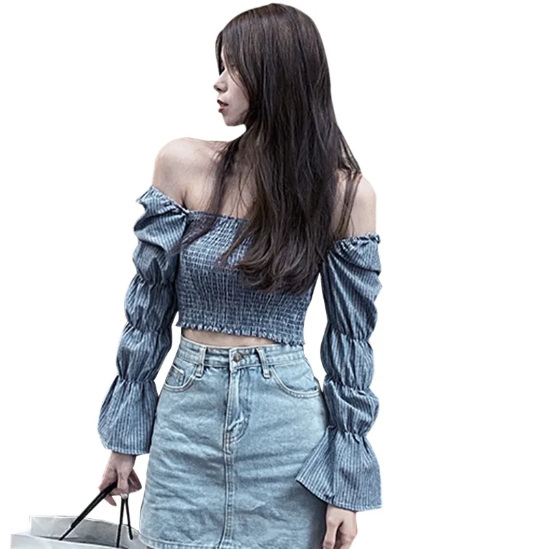 

Efinny Autumn Women Square Collar Striped Shirt Lantern Sleeved Blouse Sexy Sweet Navel Bare Casual Tops