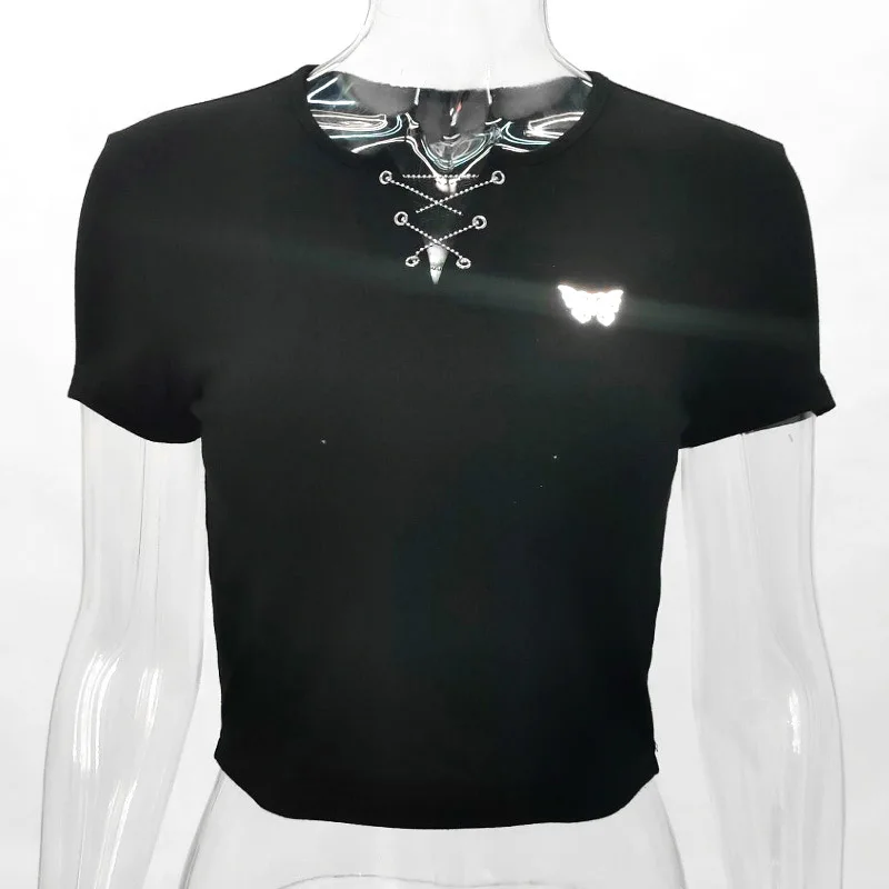 Casual Flash Reflective Butterfly Slim Crop Tops Women 2020 Fashion Short Sleeve V Neck TShirt Female Streetwear Skinny Cropped | Женская
