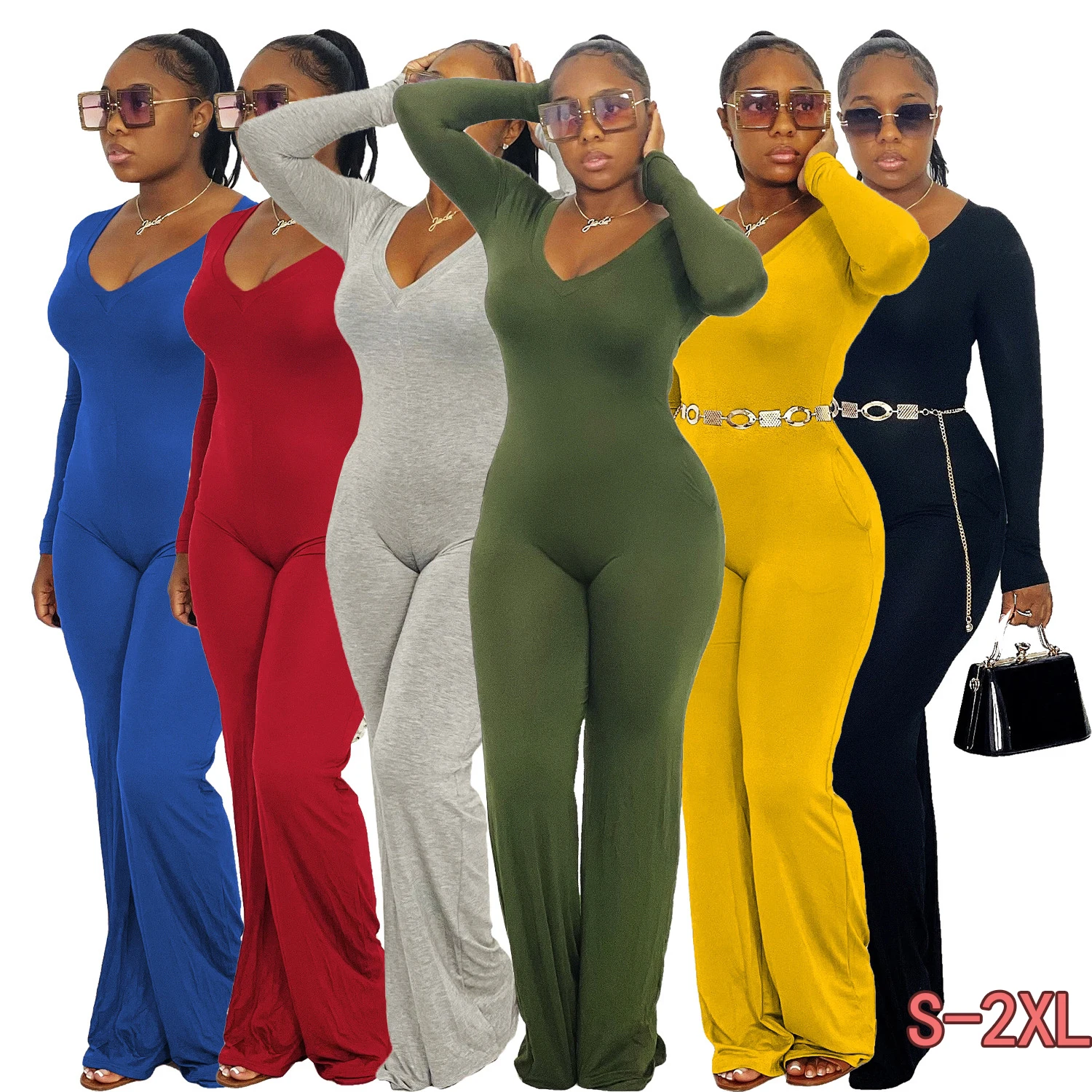 Autumn and winter new sexy wide-leg pants flared pants hot style solid color V-neck long-sleeved casual jumpsuit women