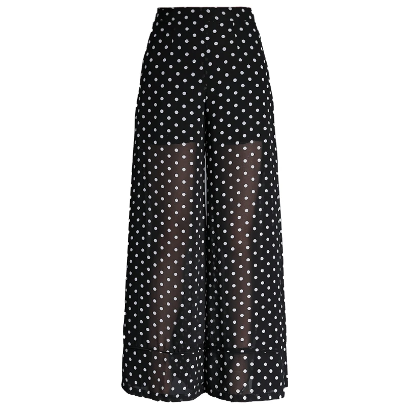 

New High Quality Women Summer Wide Leg Loose Big Split Wave Dot Belly Covering Chiffon Casual Drape Full Length Pants Size S-4XL