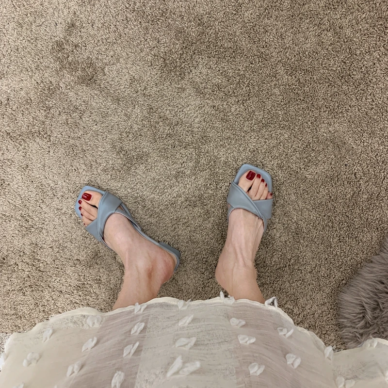 

ELLALEE Summer Women Slippers Suqare Heel Shallow Elegant Lady Shoes Low Heels Blue Open Toe Casual Handmade Woman Slipper