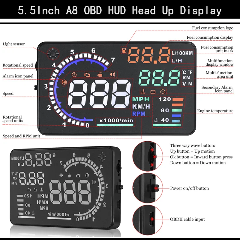 5.5 дюймовый A8 OBD HUD Head Up Display Автомобильный светодиодный лобовое стекло Проектор