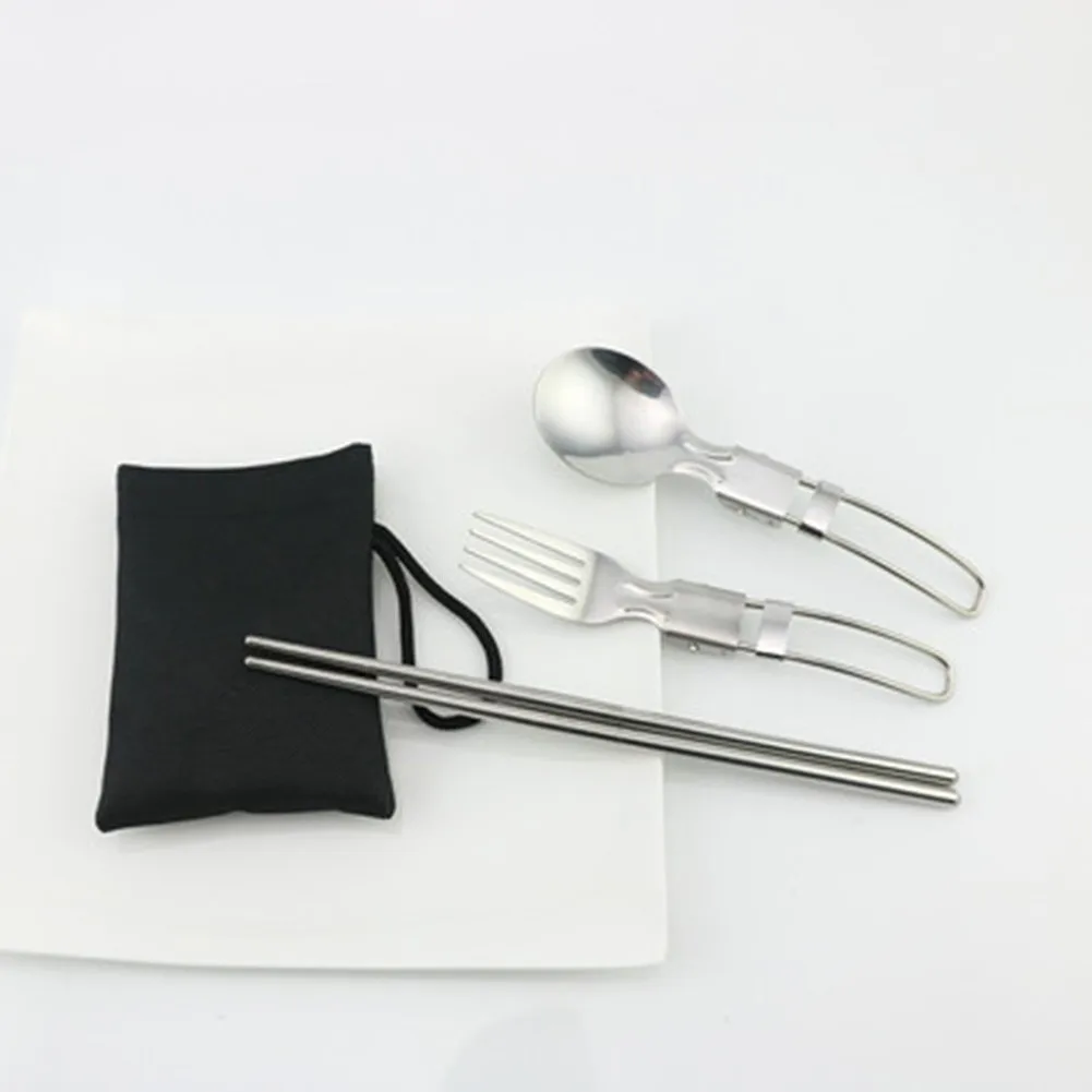 

3 Pieces Of Multifunctional Stainless Steel Outdoor Travel Picnic Tableware Foldable Camping Cutlery Set + Bag