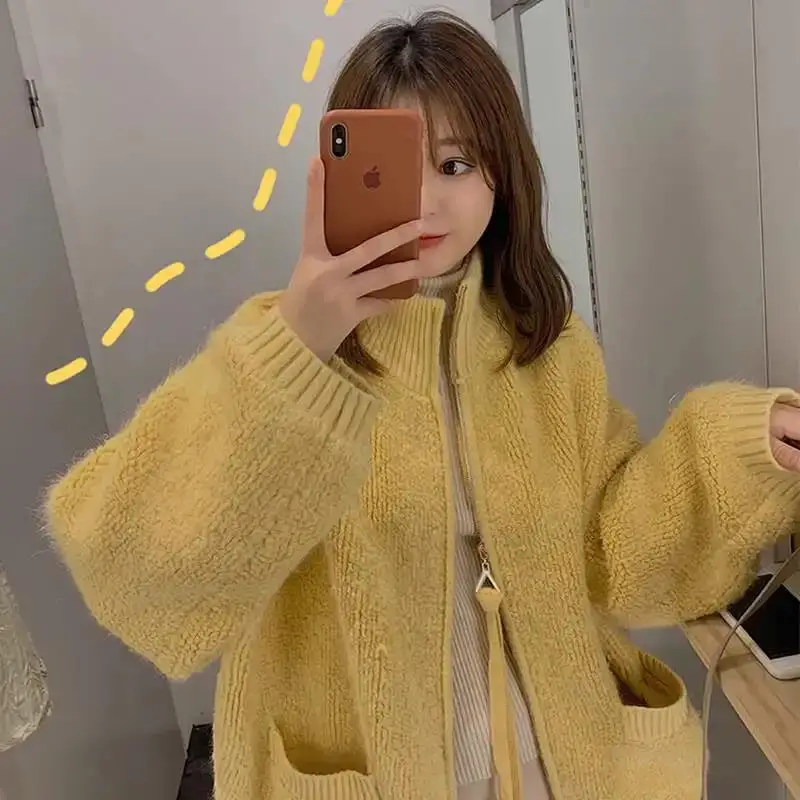 

Высокое качество 2021 корейский свитер с высоким воротником Женская куртка с карманом на молнии Толстая Свободная Повседневная рубашка Женс...