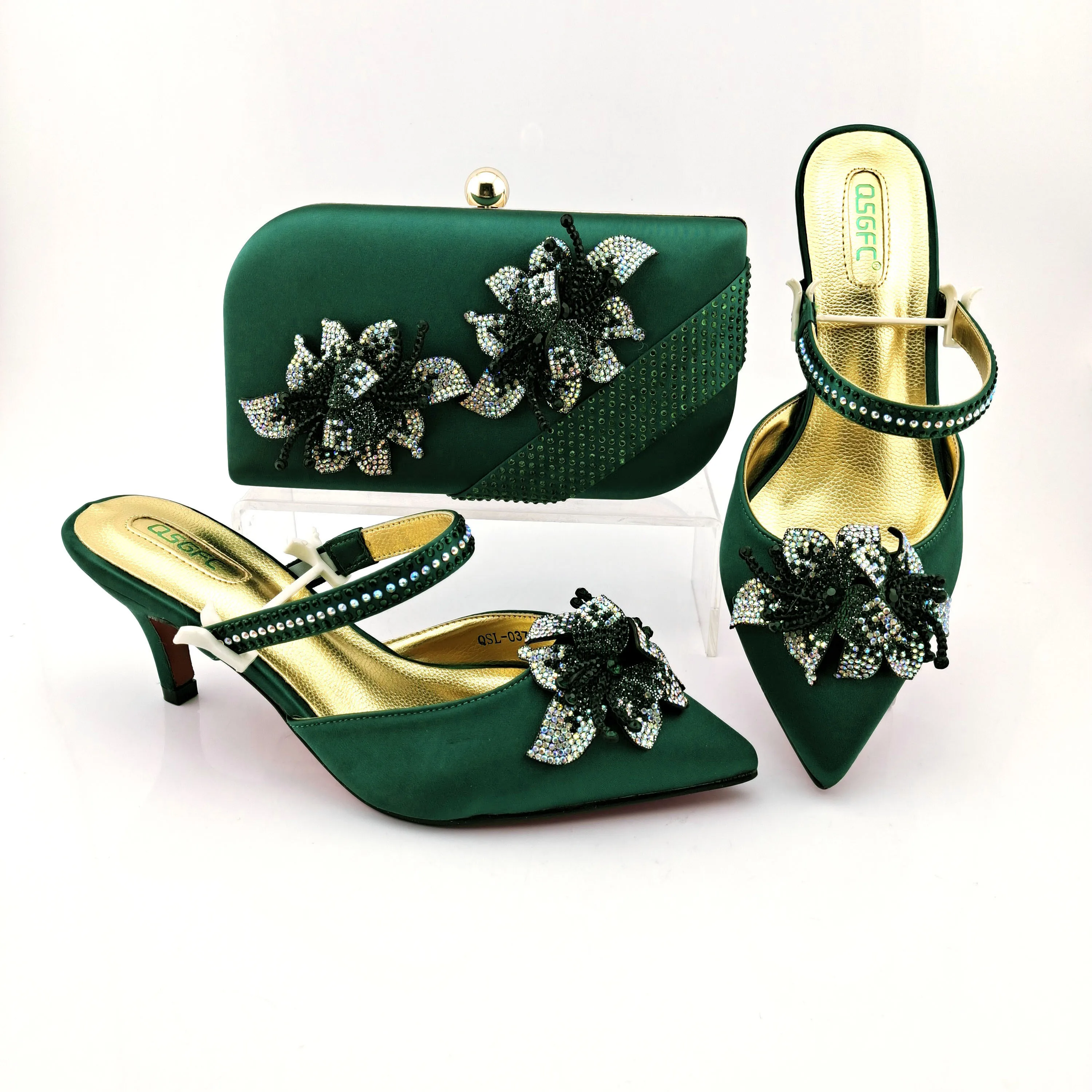 

2021 Elegant Italian Design Fashion Special Style Luxury Party Ladies Shoes and Bag Set Decorated With Rhinestone in Teal Color