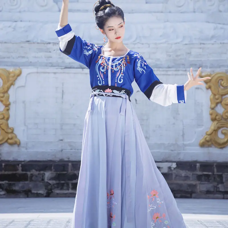 

Женский костюм с вышивкой в китайском стиле Hanfu, летняя одежда для косплея с круглым вырезом