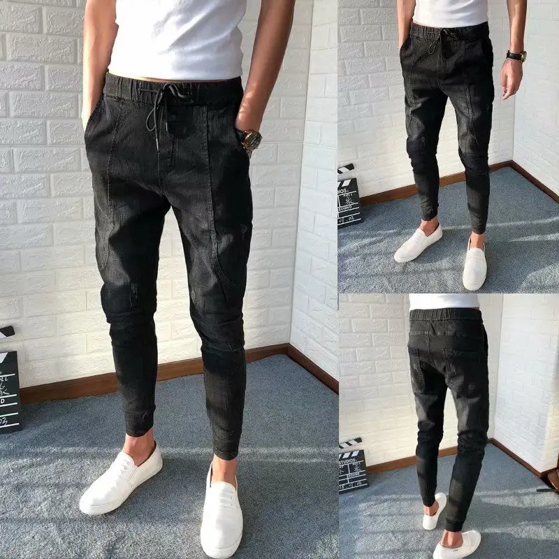 Vintage Jeans Men's Korean Fashion Pants Skinny Pants Slimming Teen Pants Male Students Winter Ankle-Tied Trousers Black Jeans