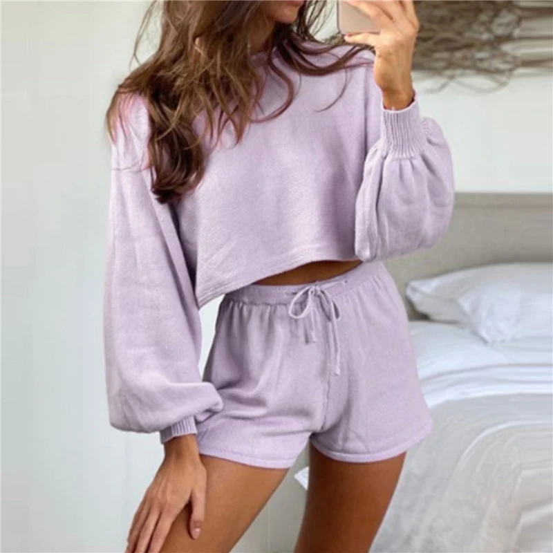 

Solid Color Women Clothing 2 Piece Set Fall O Neck Puff Sleeve Loose Top Tee Casual Lace Shorts Women Sets