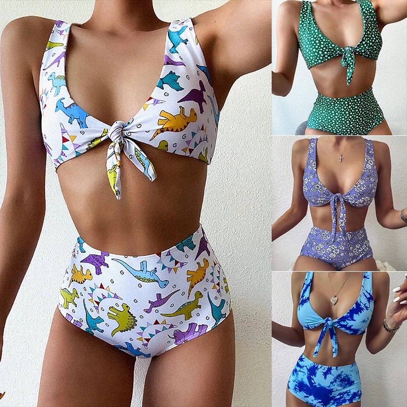 

2020 Women Bikinis Sexy Swimsuit Knotted on the chest printing High waist Swimwear Bathing Suit Brazilian Beachwear