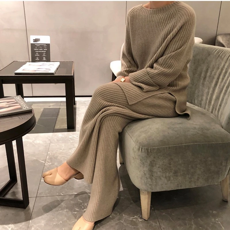 

Sweater Set Women Tracksuit Autumn Winter knitted Suits 2 Piece Set Warm O-Neck Sweater Pullovers Wide Legs Pants