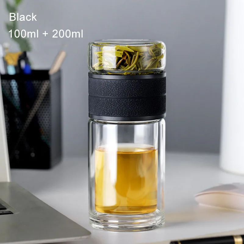 Black Стеклянная бутылка для воды с чайным фильтром 100 мл+ 200 мл ситечко с двойными стенками портативные бутылки для заварки чая Посуда для напитков для офиса чайный горшок - Цвет: Black
