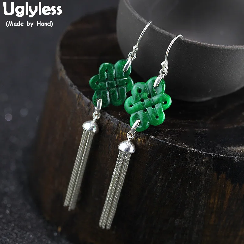 Uglyless Vintage Chinese Knot Emerald Earings for Women Real 925 Silver Chains Tassel Earrings Ethnic Brincos Fine Jewelry E1430 | Украшения