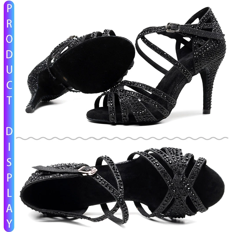 Ballroom Outdoor Dance Salsa Dancing Ladies Purple Social Professional Heel Women Latin Dance Shoes Black Rinestone