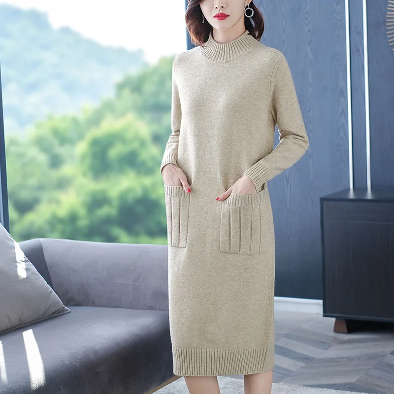 

Половина водолазка свитер юбка женское платье средней длины 2021 весна и осень новое вязаное платье с длинным рукавом западный стиль