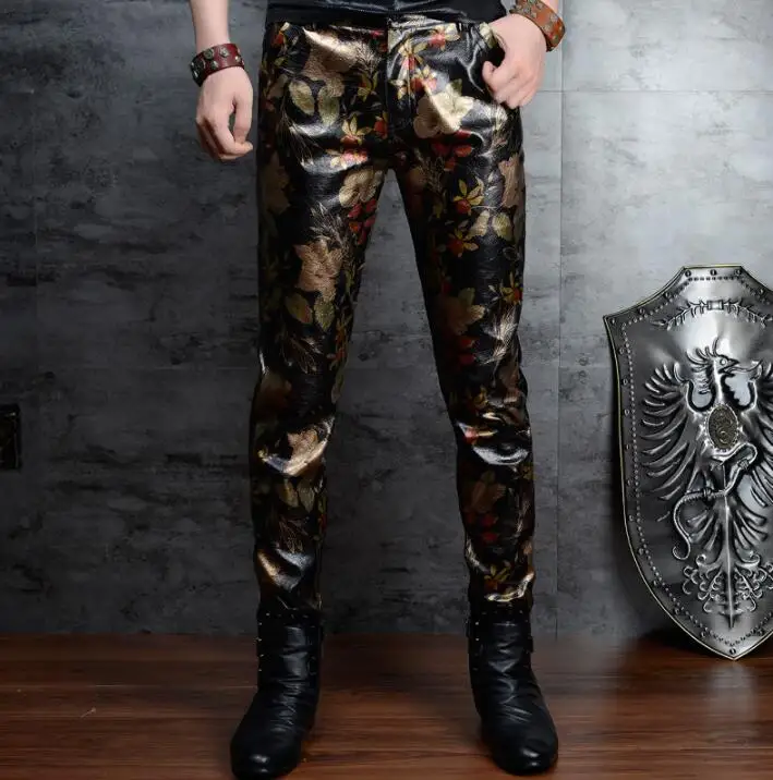 printing faux leather pants mens feet pants Camouflage Floral fashion motorcycle pu trousers for men personality pantalon homme