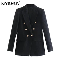 kpytomoa women 2021 fashion with metal button tweed blazer coat vintage long sleeve flap pockets female outerwear chic veste