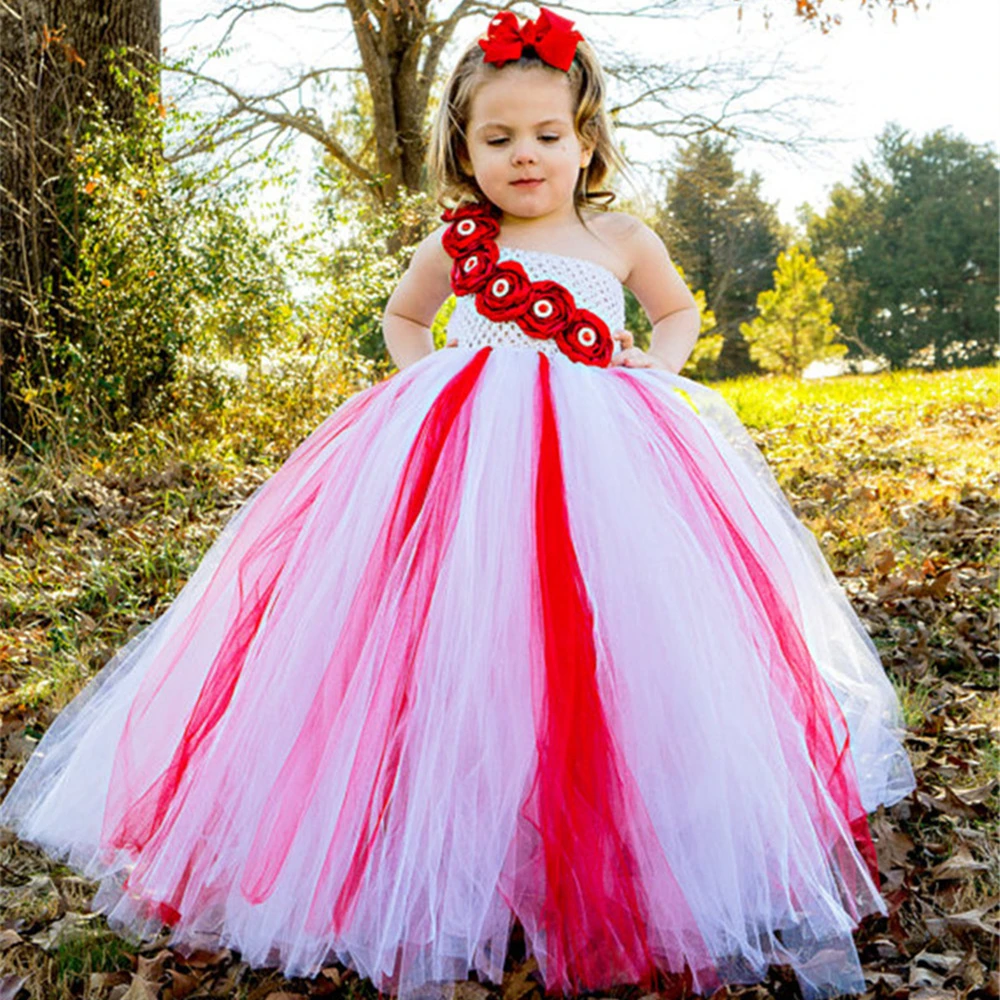 Girls Red White Tutu Dress Kids Crochet Tulle Long Ball Gown with Pearl Roses Children Birthday Party Costume Dresses | Детская одежда