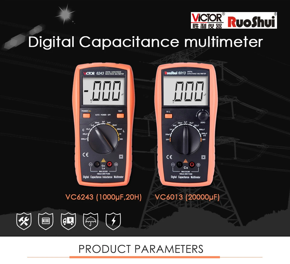 RuoShui VC6243 VC6013 20H 2000 мкФ цифровой измеритель емкости LCR 2000 отсчетов удержания данных конденсатор тестер электронный Capacimetro
